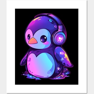 Cute Penguin With Headphones Posters and Art